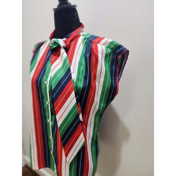 Vintage 1970s Red Green Blue White Sleeveless Bow Neck Blouse 70s Judy Bond CUTE - Picture 4 of 6